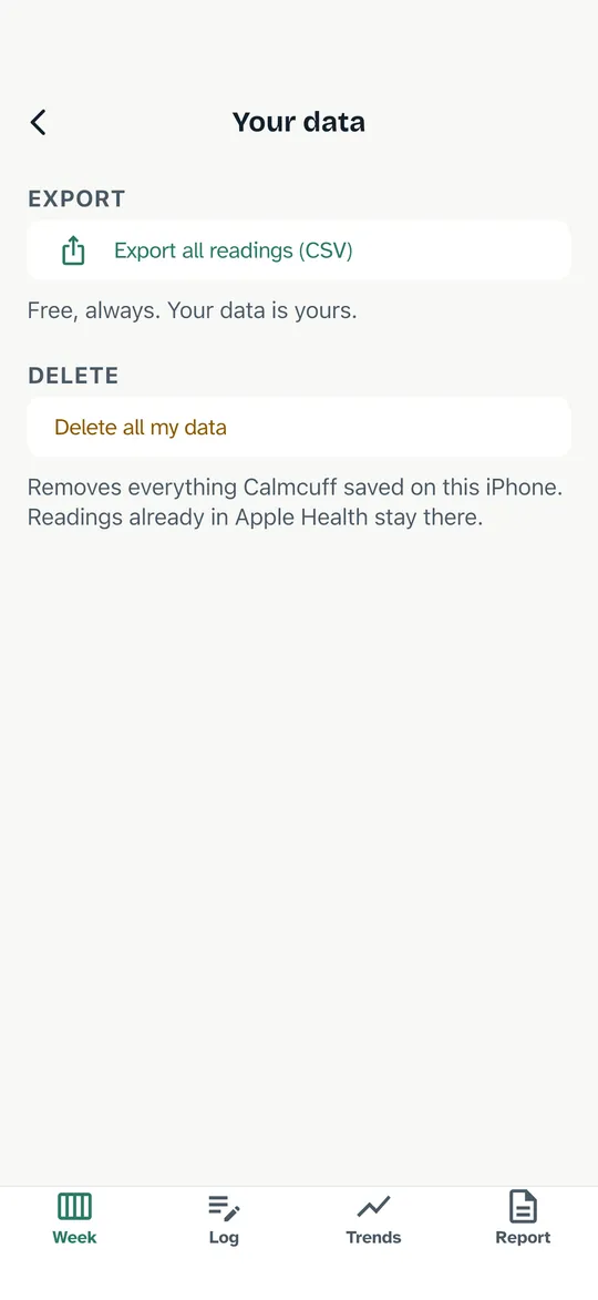Pantalla de tus datos en Calmcuff: exportar todas las lecturas a CSV, gratis, y borrar todos mis datos