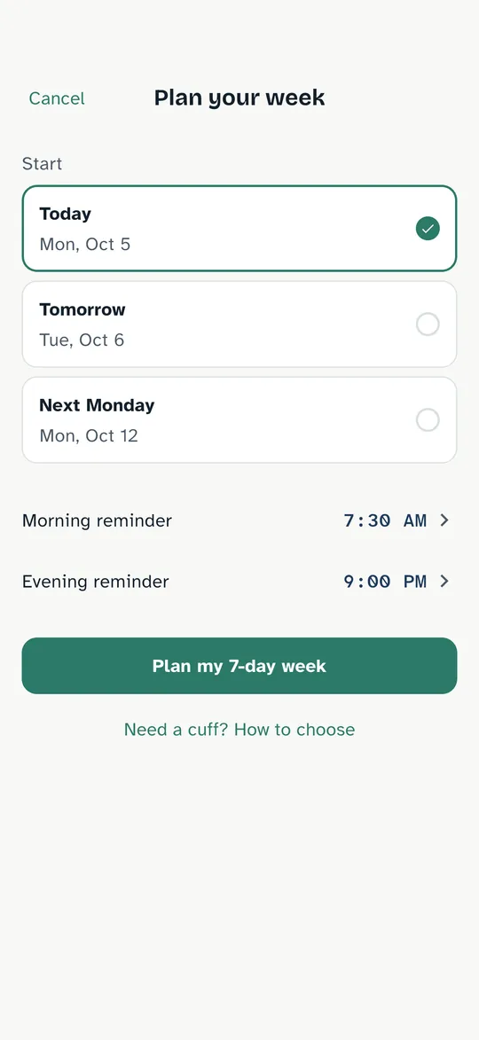 Pantalla para planificar la semana en Calmcuff: empezar hoy, recordatorio de la mañana 7:30, recordatorio de la noche 21:00
