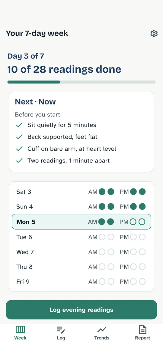 Pantalla de la semana de Calmcuff: día 3 de 7, 10 de 28 lecturas hechas, con la lista de antes de empezar
